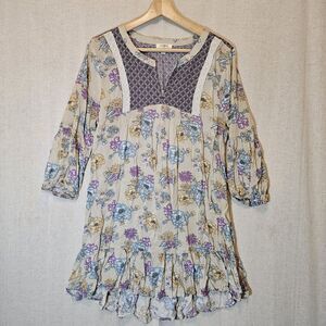 Umgee Tunic Dress Tan With Purple Yellow Blue Floral Contrast Fabric Medium